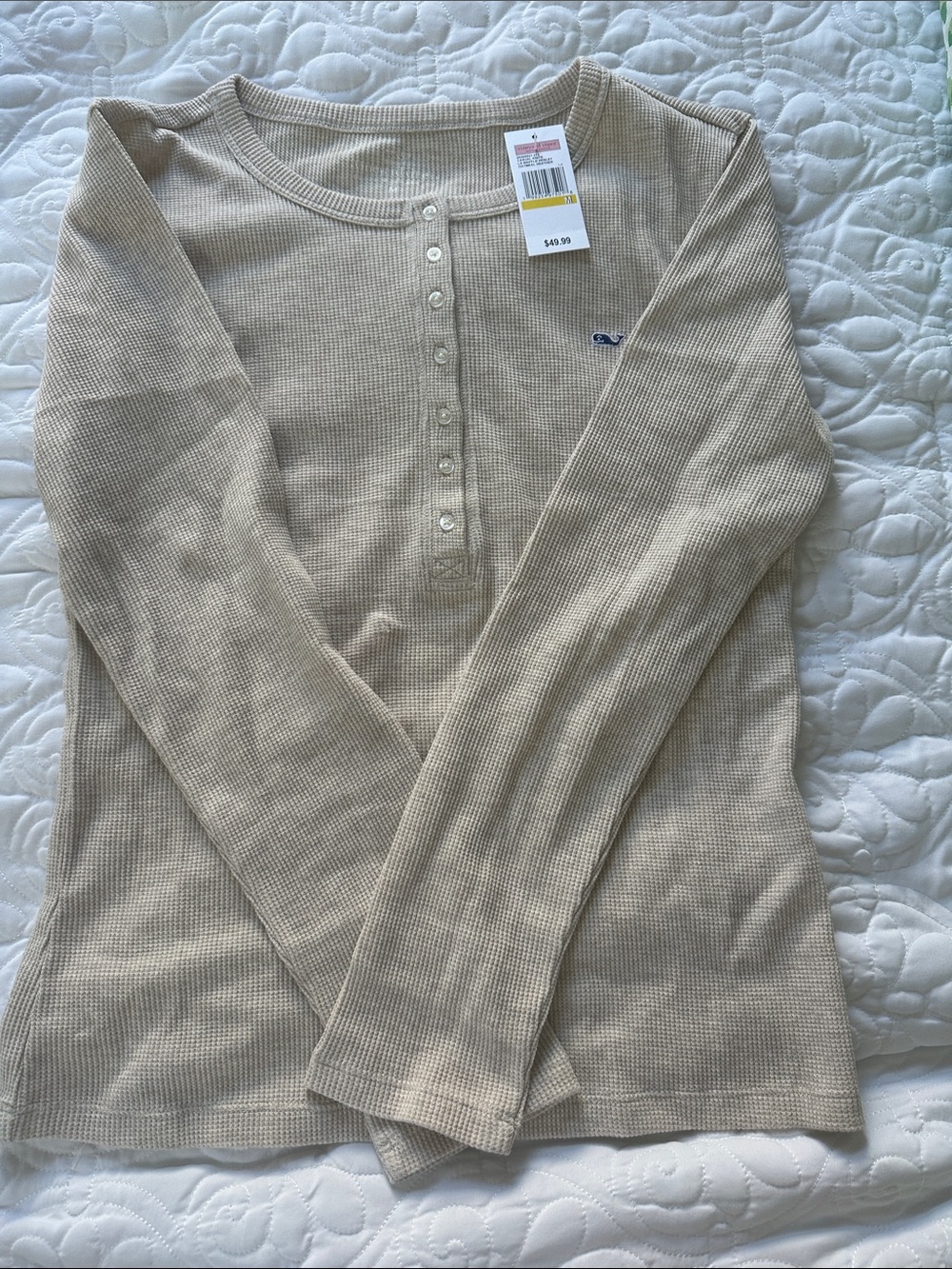 Vineyard Vines Women's Beige Waffle Henley Long-Sleeve Top